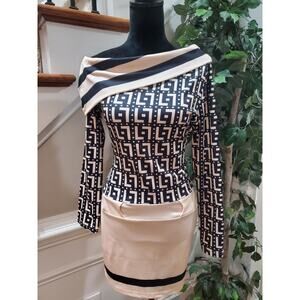 Chicme Beige Black Turn Down Collar Long Sleeve Casual Knee Length Dress Size M